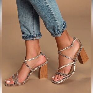 Lulu’s RAID Snake Print Strappy Heel Sandals, size 38 / 7.5